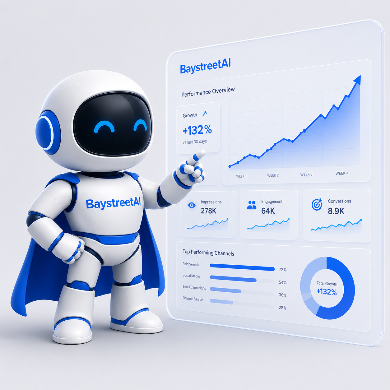 Baystreet AI mascot presenting a marketing performance dashboard showing +132% growth